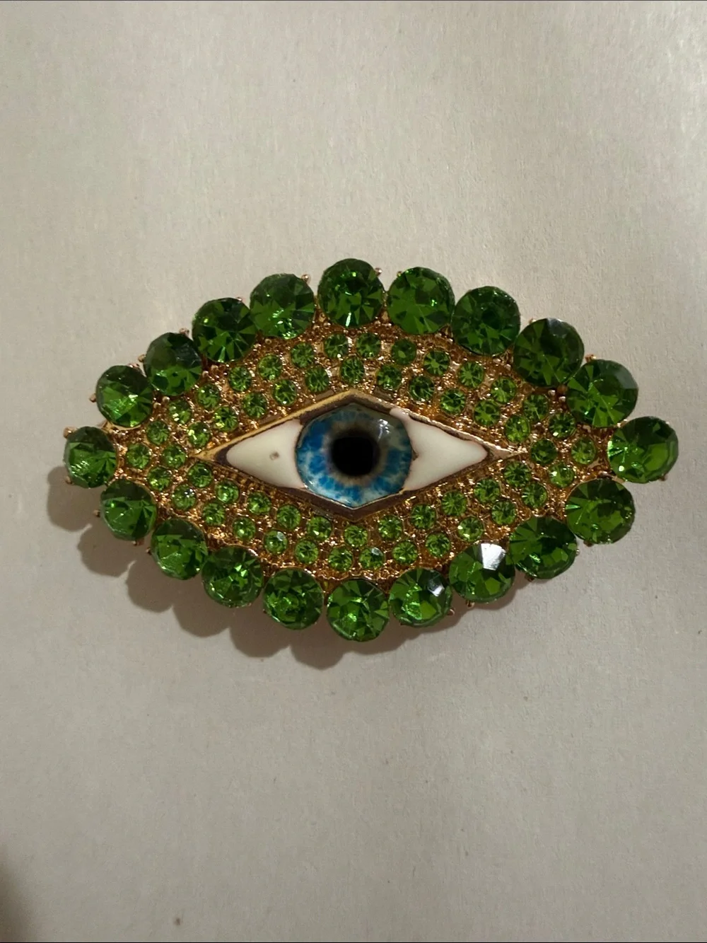 Green Crystal Evil Eye Brooch with Blue Center - Fashion Accent